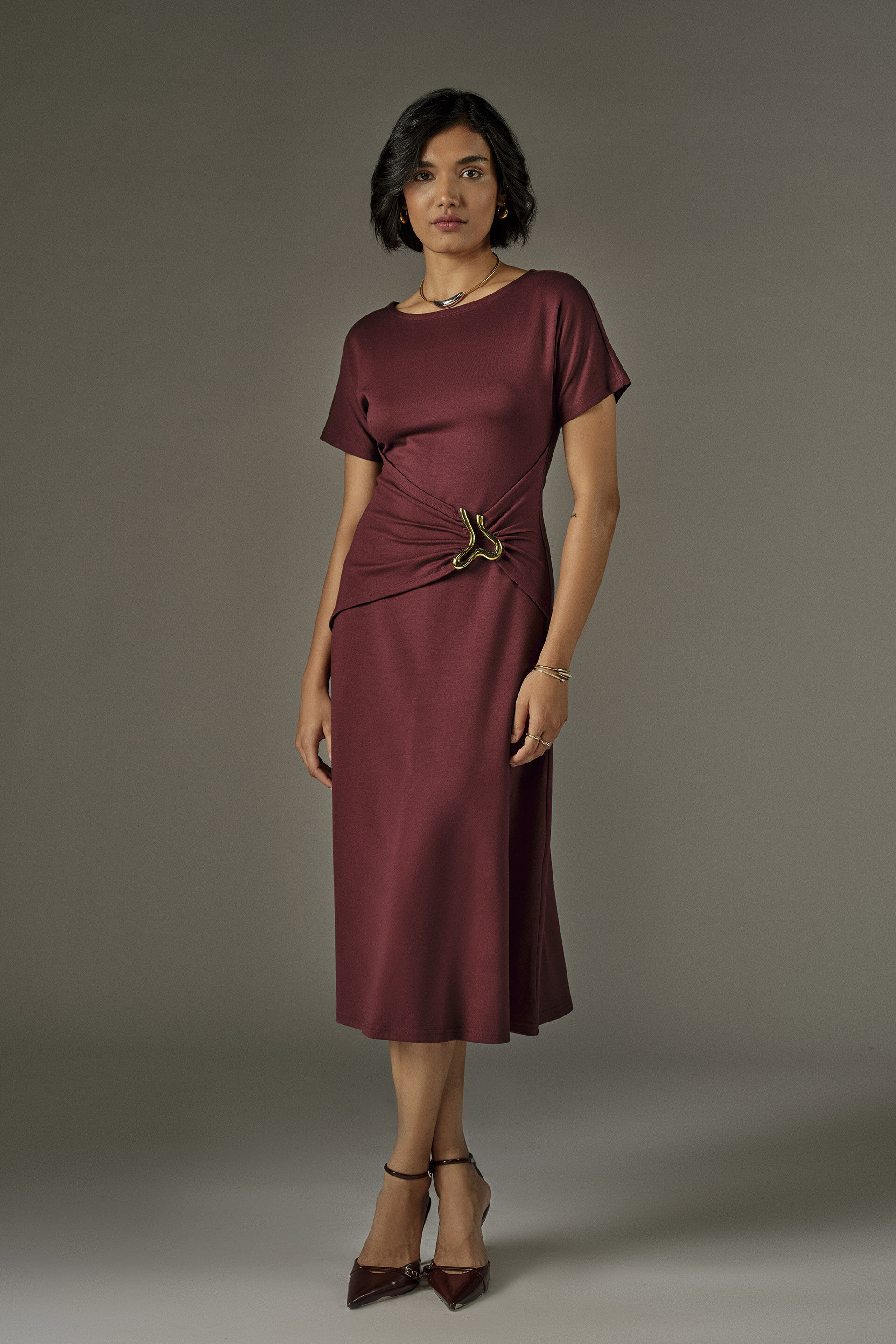 Velra Wine Draped Dress, Wine, image 1